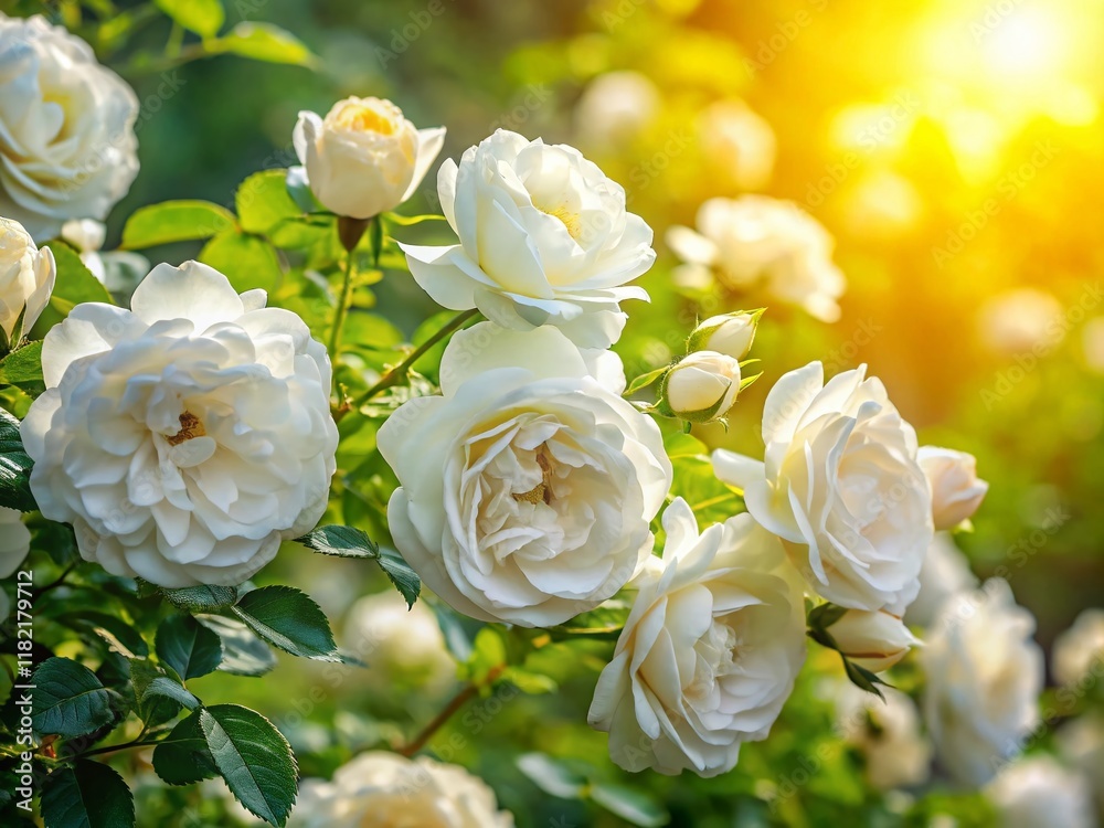 Summer Home Garden White Rose Bush Blooming Flowers in Sunlight Summer Home Garden White Rose Bush Blooming Flowers in Sunlight