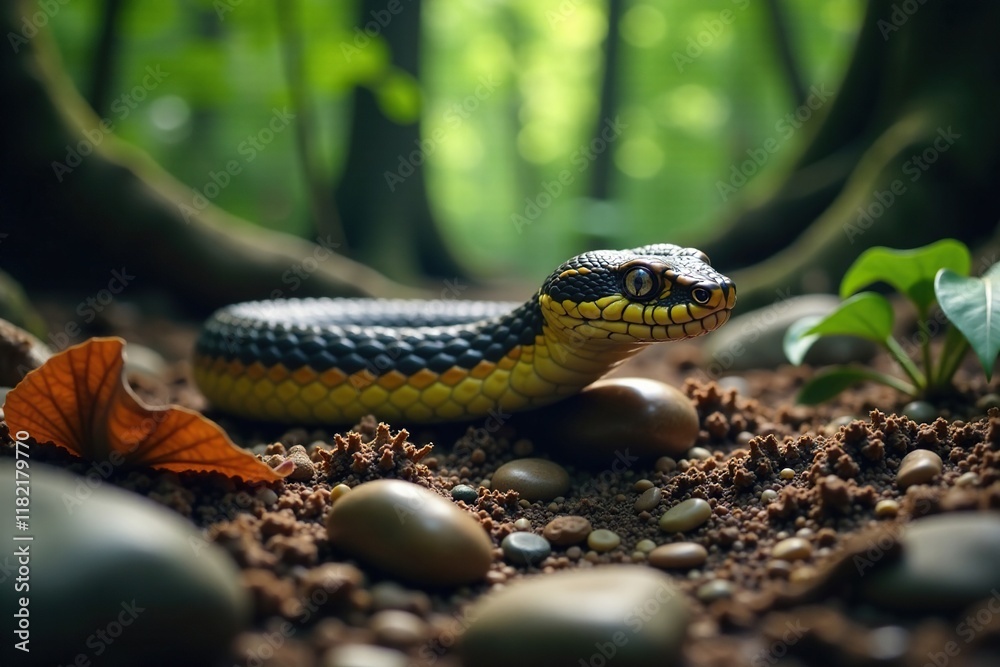 Obraz premium Serpent gliding across the forest floor with roots and pebbles, stones, roots