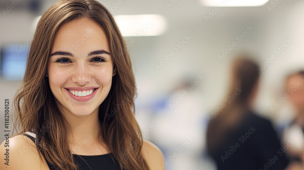 Fototapeta premium A woman with long brown hair is smiling and looking at the camera