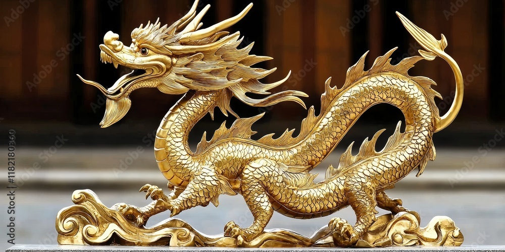 Fototapeta premium Golden Dragon Sculpture Intricate Detail, Mythical Concept, Chinese Art, Gold Statue Chinese Dragon, Asian Art
