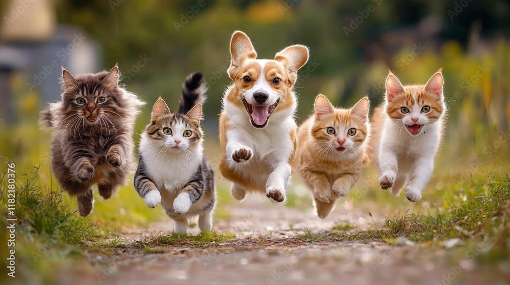 Five Pets Running in Nature Corgi and Cats in Action Shot, Autumn Background, Playful Concept Pet Photography, Animal Fun