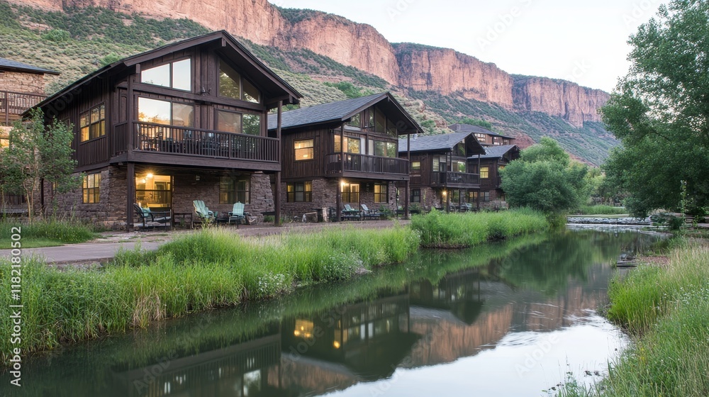 Fototapeta premium Mountainside Riverfront Cabins Scenic Retreat