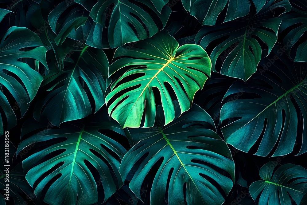 custom made wallpaper toronto digitalDark Green Monstera Leaves Tropical Leaf Composition, Close-up Image, Lush Nature Concept, Monstera deliciosa, Tropical Background Monstera, Tropical Plants