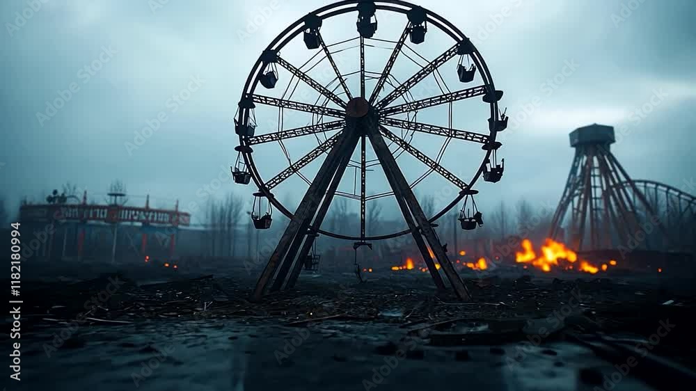 Abandoned Ferris wheel in eerie, post-apocalyptic amusement park at dusk, symbolizing decay and Halloween