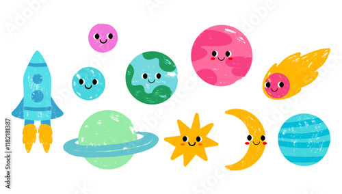 A set of cute children's stickers with planets of the solar system, moon, rocket and star. Hand drawn vector colorful illustration. Imitation of a child's drawing with colored pencils. 