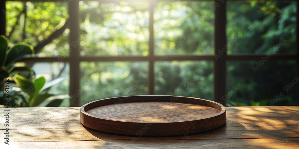 A rustic wooden plate set against a blurred home background, providing a natural and inviting setting for food or product photography. A rustic wooden plate set against a blurred home background, providing a natural and inviting setting for food or product photography.