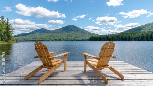 Two wooden chairs overlook a serene lake surrounded by mountains, reflecting a peaceful and picturesque outdoor setting.