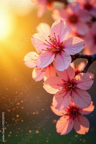 Soft pink petals on Prunus avium Plena against a warm yellow sunrise backdrop, prunus, tree blossoms photo