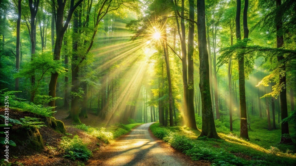 Obraz premium Sunbeams Illuminate Forest Path: Serene Wilderness Landscape