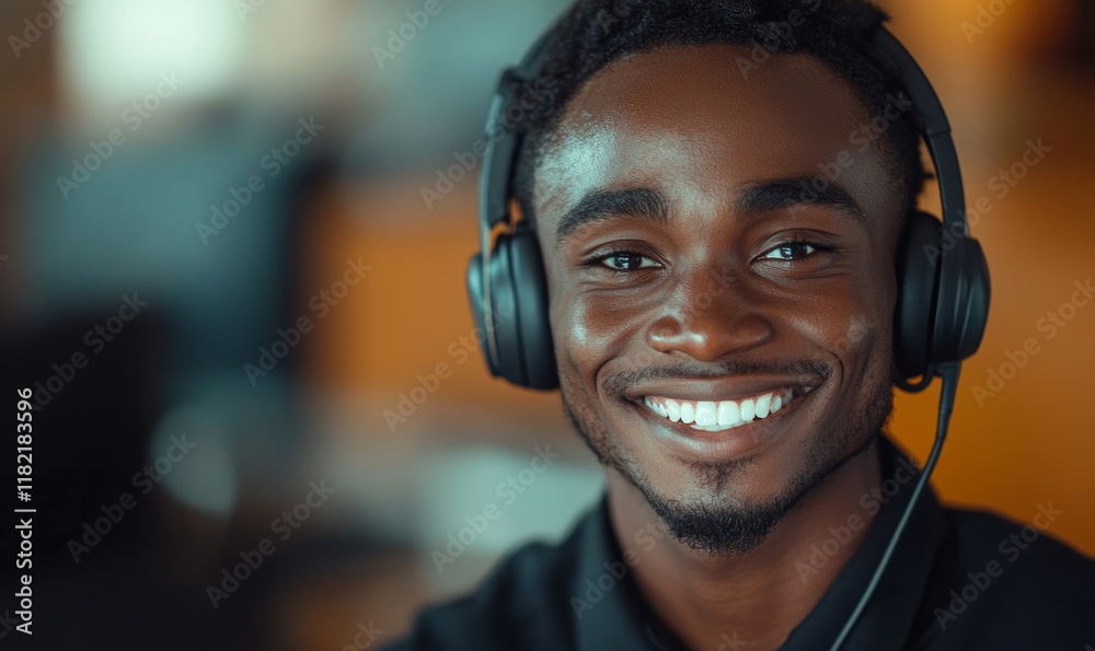 Black man, call center and portrait in office for telemarketing with smile, headphones and mic for communication. Person, consultant or agent with voip tech, happy and customer support, Generative AI