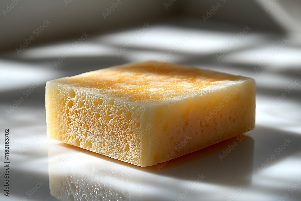 A single yellow sponge on a white surface with light and shadow A single yellow sponge on a white surface with light and shadow