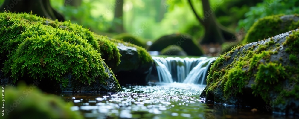 Water droplets falling from moss-covered boulders, forest landscape, green, nature Water droplets falling from moss-covered boulders, forest landscape, green, nature