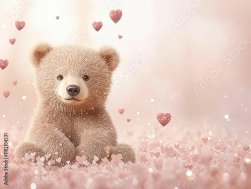 A cute, fluffy bear sits surrounded by hearts, creating a whimsical and romantic atmosphere.