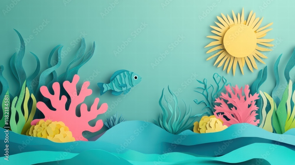 Fototapeta premium Creating Paper Craft Art Tropical Lagoon Scene Mint Water Coral Reefs Vibrant Environment Artistic Perspective