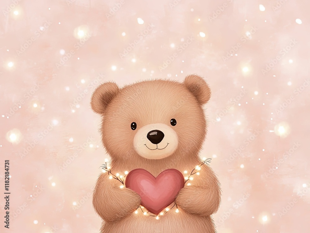 Obraz premium A cute teddy bear holding a pink heart, surrounded by soft, glowing lights against a pastel pink background.