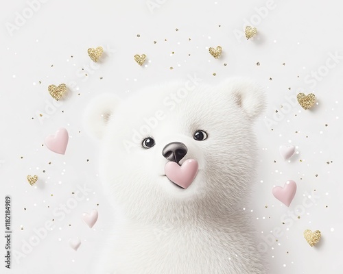 A cute, fluffy polar bear holds a heart surrounded by sparkling decorations, conveying a theme of love and affection.