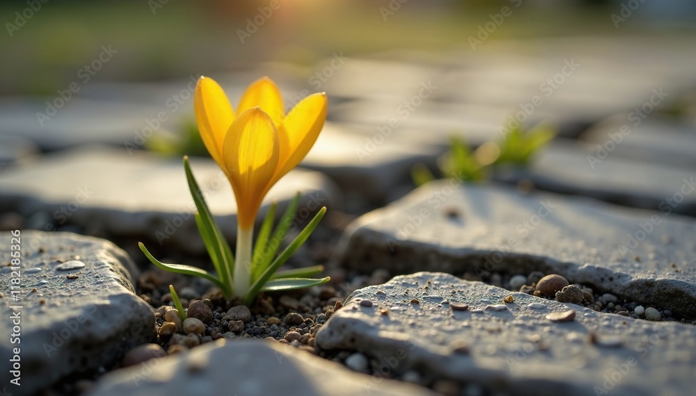 Obraz premium Yellow crocus flower growing through cracks in stone pavement, yellow, pavement, nature
