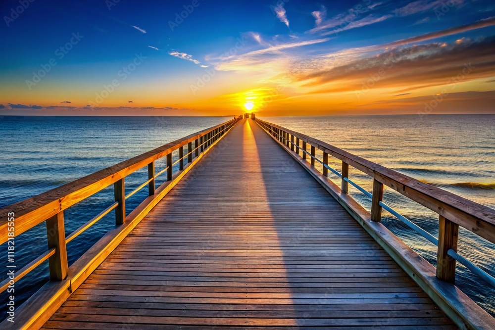 Sunlit Boardwalk Leading Lines to Ocean, Coastal Path, Summer Vacation Sunlit Boardwalk Leading Lines to Ocean, Coastal Path, Summer Vacation