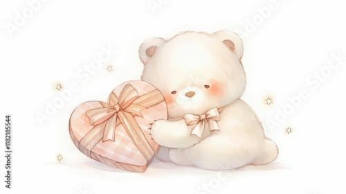 A cute white teddy bear holds a pink heart-shaped gift box, exuding warmth and affection in a soft, pastel illustration.