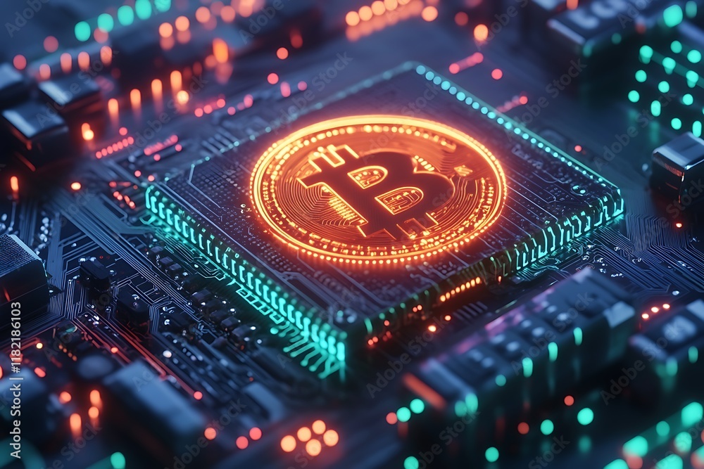 Glowing Bitcoin with hacking symbols Glowing Bitcoin with hacking symbols