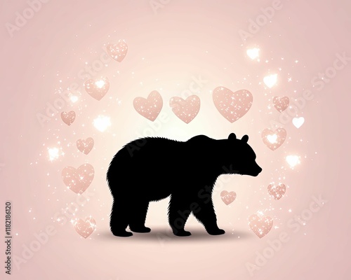 A silhouette of a bear surrounded by pink hearts and sparkling effects on a soft pastel background.