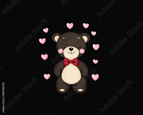 A cute teddy bear with a bow tie surrounded by pink hearts on a black background, evoking feelings of love and warmth.
