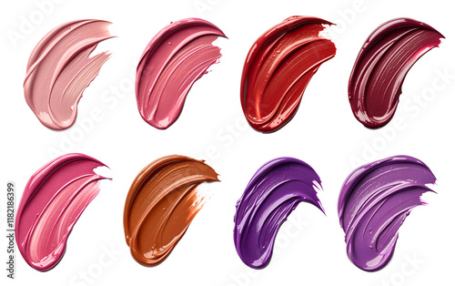 Set of lipstick smears of different colors isolated on white background. Lip gloss colorful smears. Acrylic swatches