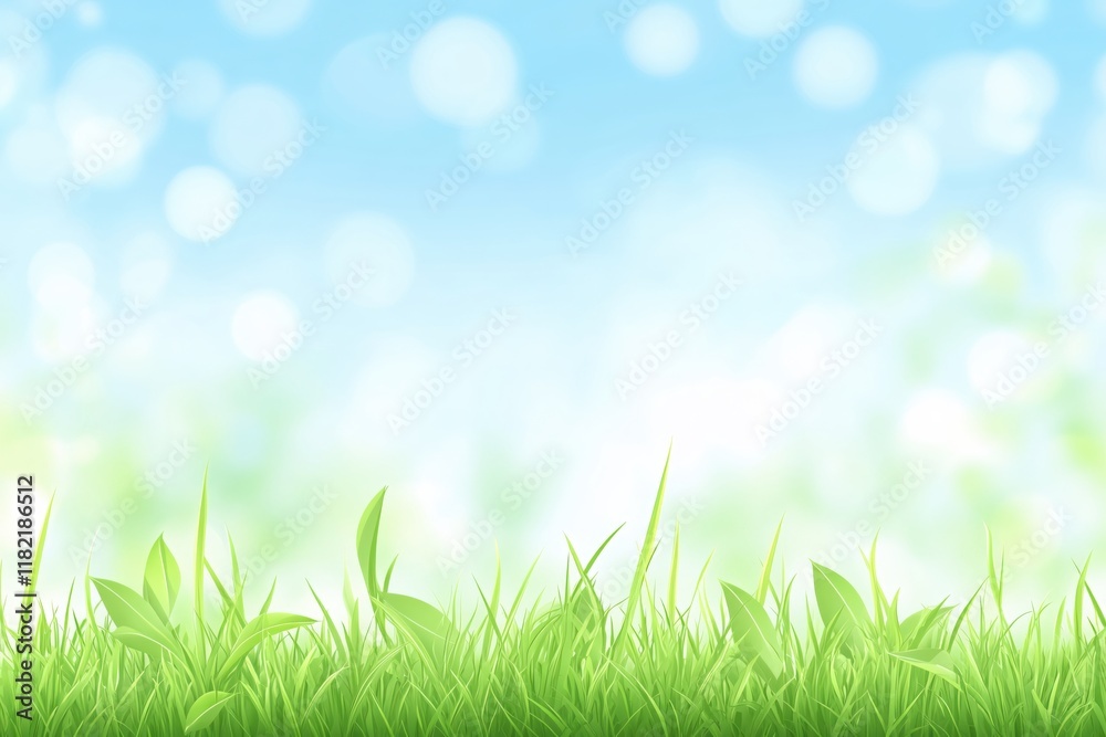 Lush Green Grass Under Bright Blue Sky with Gentle Bokeh Background Effect Lush Green Grass Under Bright Blue Sky with Gentle Bokeh Background Effect