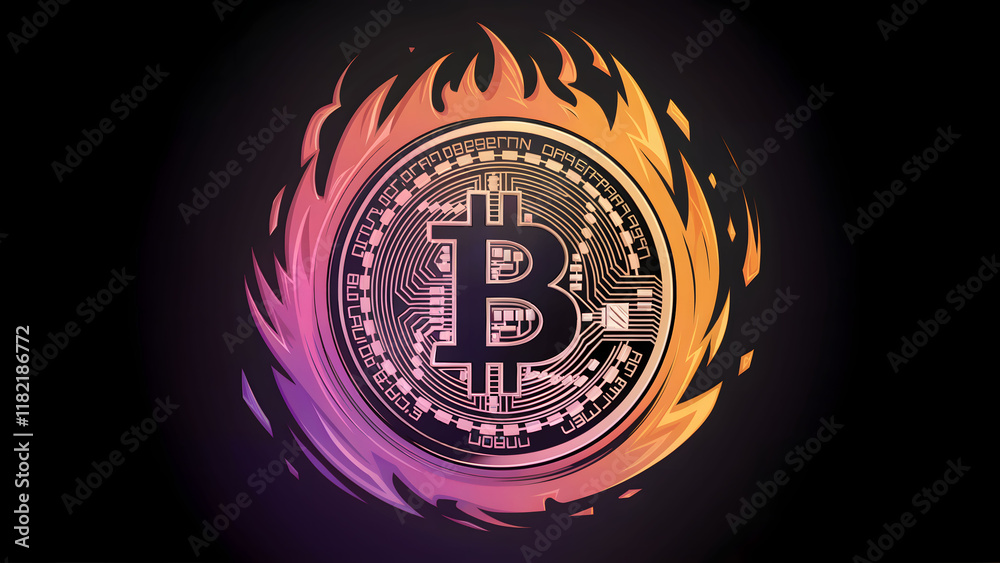 Fototapeta premium Stylized Bitcoin Coin Illustration Encircled by Fiery Gradient Flames in Orange and Purple on a Dark Background