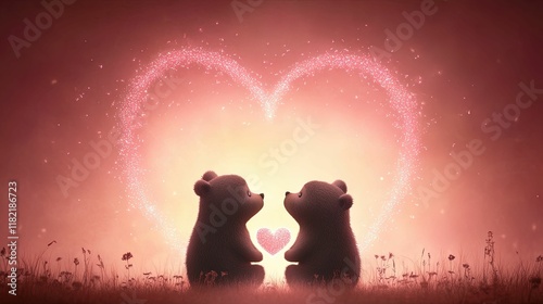 Two cute bears face each other, forming a heart shape with sparkling effects, creating a whimsical and loving atmosphere.