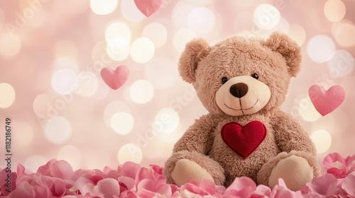A cute teddy bear with a red heart sits surrounded by rose petals and soft pink bokeh, creating a romantic and heartwarming atmosphere.