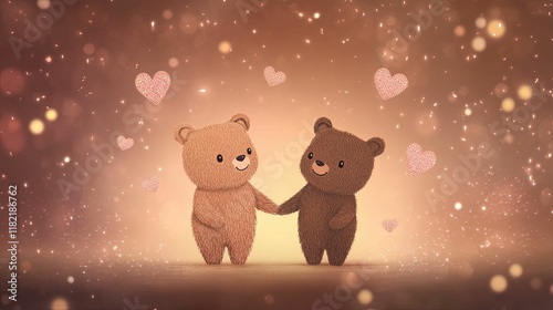 Two adorable cartoon bears holding hands, surrounded by hearts and soft glowing lights, conveying love and friendship.