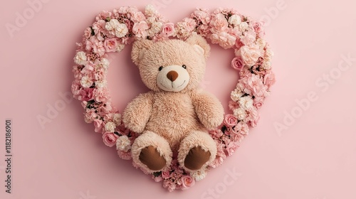 A cute teddy bear sits in a heart-shaped arrangement of pink flowers against a soft pink background, creating a cozy and charming aesthetic.