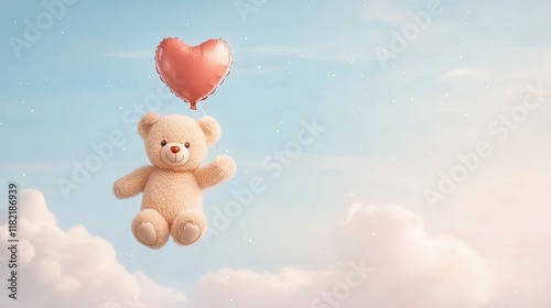 A fluffy teddy bear floats among clouds, holding a heart-shaped balloon, evoking feelings of love and whimsy in a serene sky.