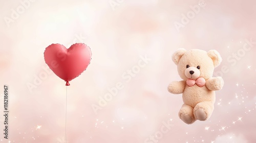 A cute teddy bear floats next to a heart-shaped balloon against a soft, dreamy background, evoking feelings of love and affection.