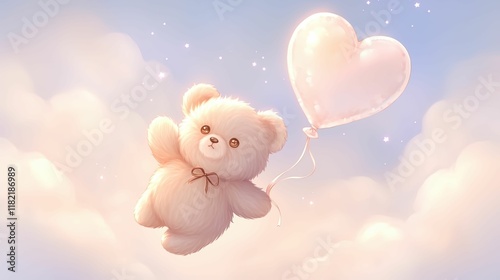 A cute teddy bear floats in the sky, holding a pink heart balloon, surrounded by soft clouds and a serene blue background.