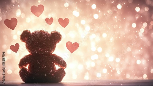 A cute teddy bear sits against a sparkling background, surrounded by floating hearts, evoking feelings of love and warmth.