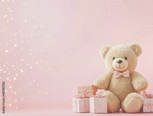 A cute teddy bear with a bowtie sits beside gift boxes against a soft pink background adorned with sparkling lights.