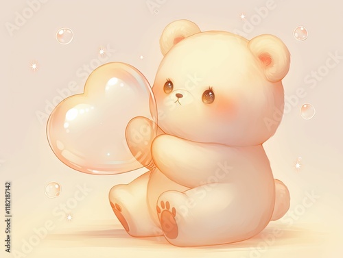 A cute, soft-colored bear holds a heart-shaped balloon, evoking warmth and affection in a whimsical, childlike illustration.