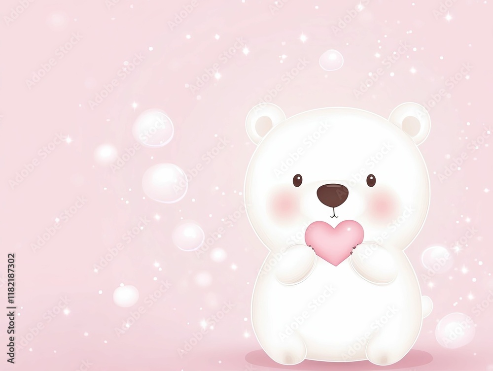 Obraz premium A cute, cartoon polar bear holds a pink heart against a soft pink background, surrounded by gentle bubbles and sparkles.