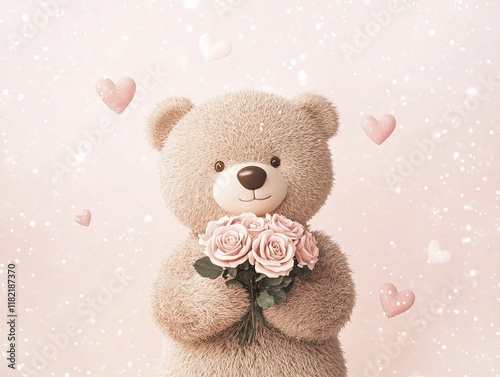 A cute teddy bear holds a bouquet of pink roses, surrounded by soft pink hearts and a dreamy background, perfect for expressing love and affection.