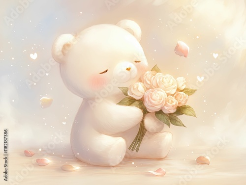 A cute, fluffy bear holds a bouquet of roses, radiating warmth and sweetness in a soft, dreamy background.