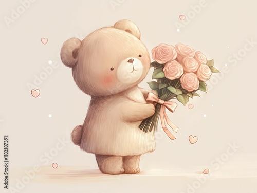 A cute bear character holds a bouquet of pink roses, surrounded by hearts, exuding a warm, loving vibe.