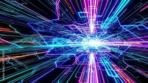 Abstract digital explosion with neon lines and glowing blue light photo