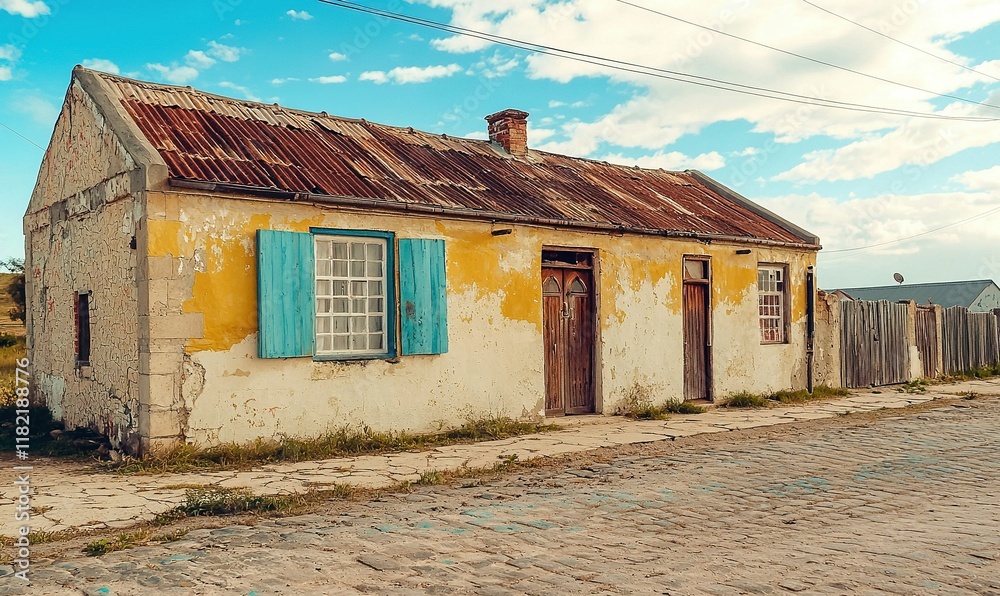 Old, weathered house with rusty roof, blue shutters in rural town with cobblestone street and fence.