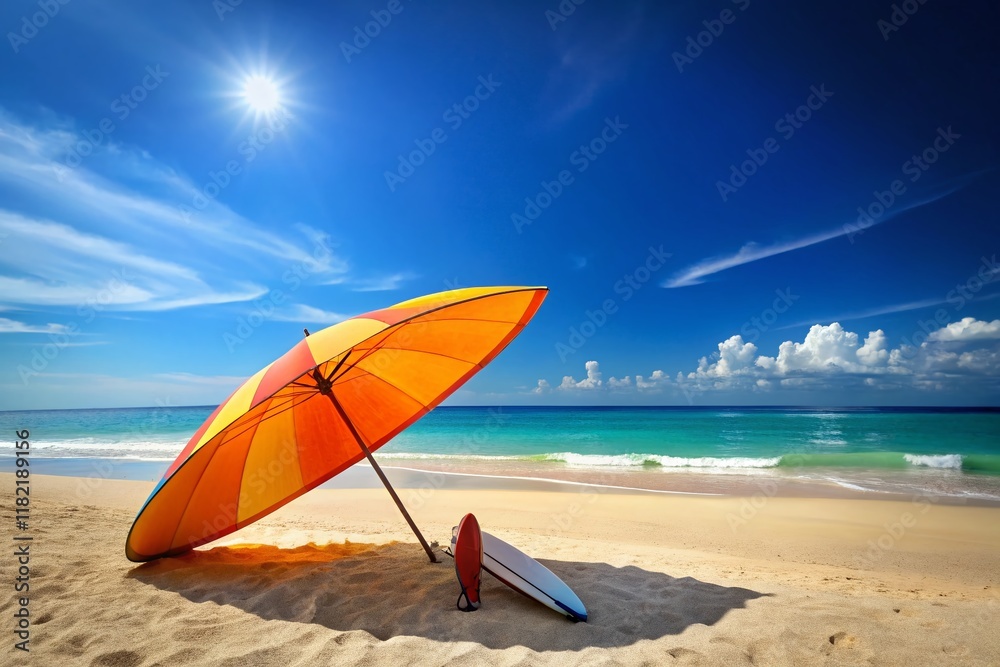 Sunny Beach Scene: Surfboard & Orange Umbrella on Sandy Shore Sunny Beach Scene: Surfboard & Orange Umbrella on Sandy Shore
