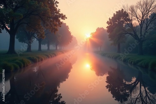 Soft mist rises over tranquil canal waters at dawn, dawn, stillness