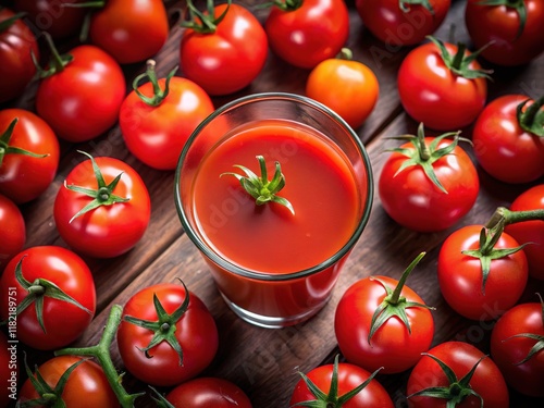 Top-down view of stylish glass, filled with fresh tomato juice.  Delicious display. © Sandra