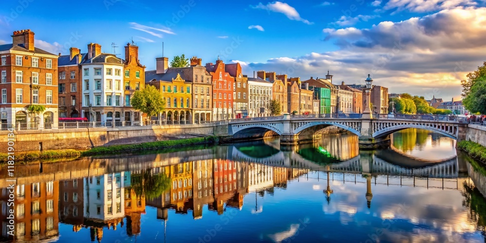 Naklejka premium Sunny Morning in Dublin: River Liffey & Cityscape - High-Resolution Stock Photo