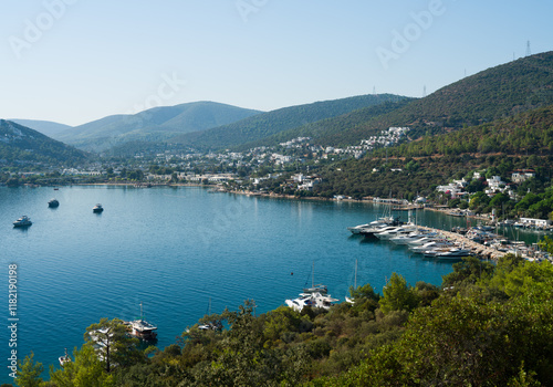 Fototapeta Naklejka Na Ścianę i Meble -  Beautiful Torba bay. A quiet tourist beach on the Bodrum peninsula. Aegean coast. Turkey holidays and travel. Mugla city, Turkey country